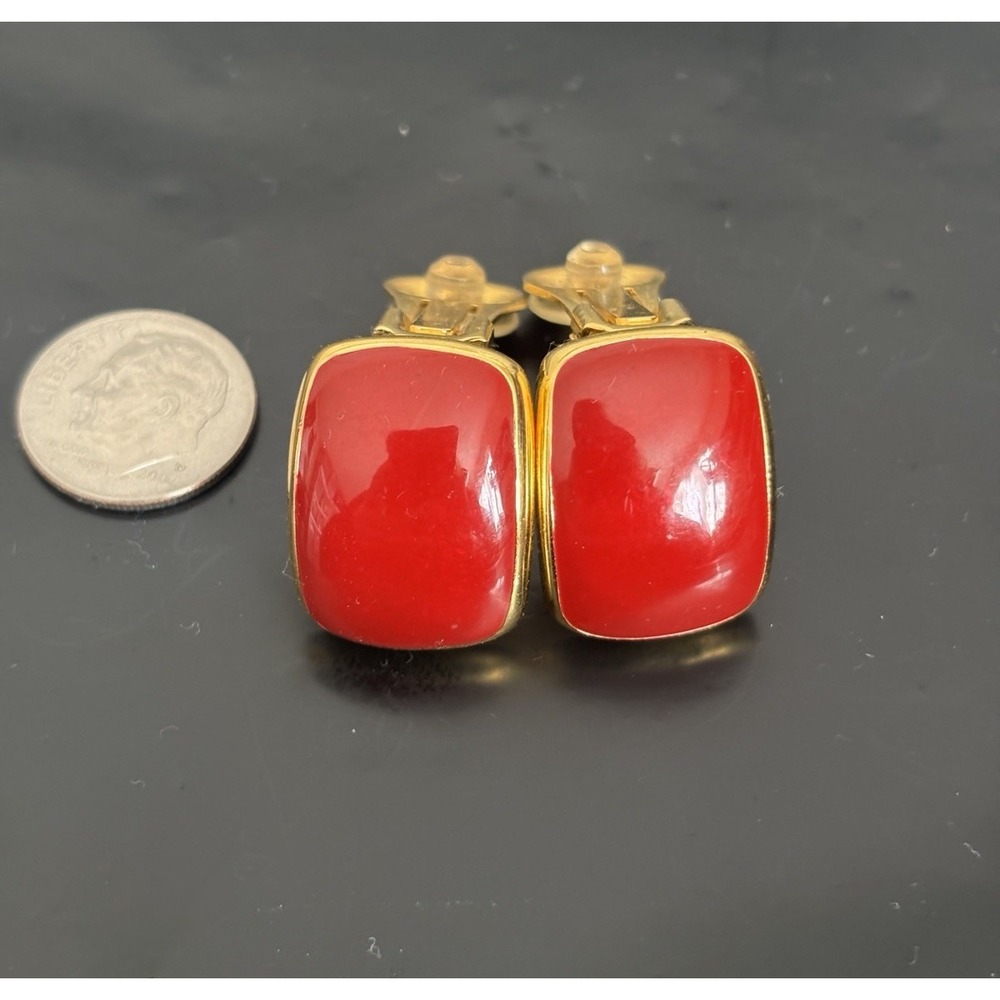 Vintage 80s 90s‎ Clip On Chunky Earrings Gold Tone Red Enamel Glam
